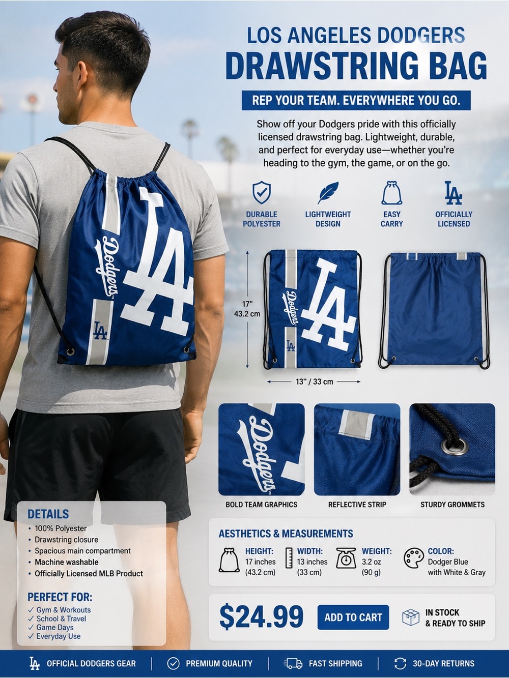 Los Angeles Dodgers Blue Drawstring Backpack